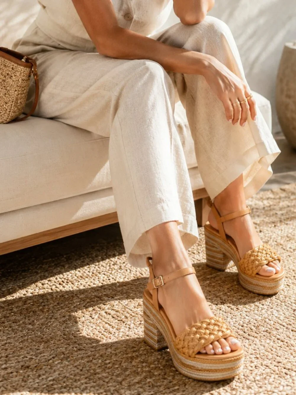 Nine West Same Tan Braided Platform Espadrille Block Heel Sandals 8.5M - Picture 5 of 7